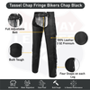 Fringe leather chaps features: fully adjustable belt, 100% leather, four snaps on each leg