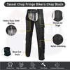 Fringe leather chaps features: steel buckle, thigh pocket, nylon stitching, boot-cut legs