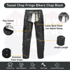 Fringe leather chaps features: poly-cotton liner, lace-up back panel, stainless steel snaps