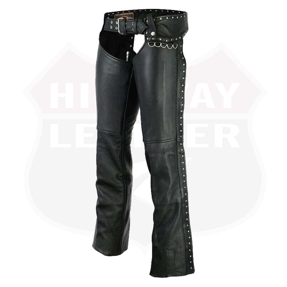Buffalo Leather Gear HL12801STUD low-rise women’s motorcycle leather chaps with studs, designed for female bikers, in black leather.