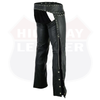 Buffalo Leather Gear HL12801STUD low-rise women’s motorcycle chaps with studs, made of durable leather, designed for female bikers.
