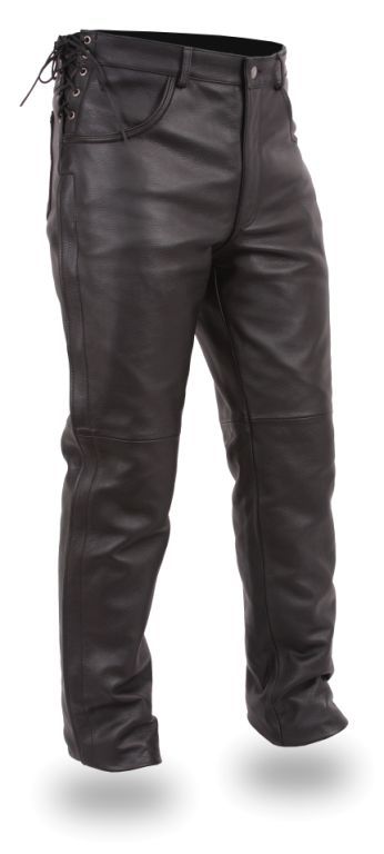 Dynamicleather Pueblo Over Pant Chaps in black leather with adjustable straps and reinforced knee panels.