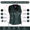 Buffalo Leather Gear Naked Women's lace-up side leather motorcycle vest with front zipper and side lacing, black with leather detailing.