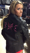 Hot pink butterfly leather jacket for women by HighwayLeather with reflective details, stylish and vibrant outerwear.