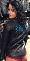Teal leather biker jacket with butterfly embroidery and reflective details, HighwayLeather brand, shown from the back.