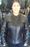 Teal leather biker jacket with butterfly embroidery and reflective details, designed for women by HighwayLeather.