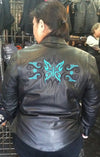 Reflective teal leather biker jacket with butterfly embroidery from HighwayLeather, featuring stylish design and textured leather surface.