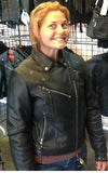 Women’s riveted classic motorcycle jacket by HighwayLeather featuring sturdy rivet details and a stylish, timeless design.
