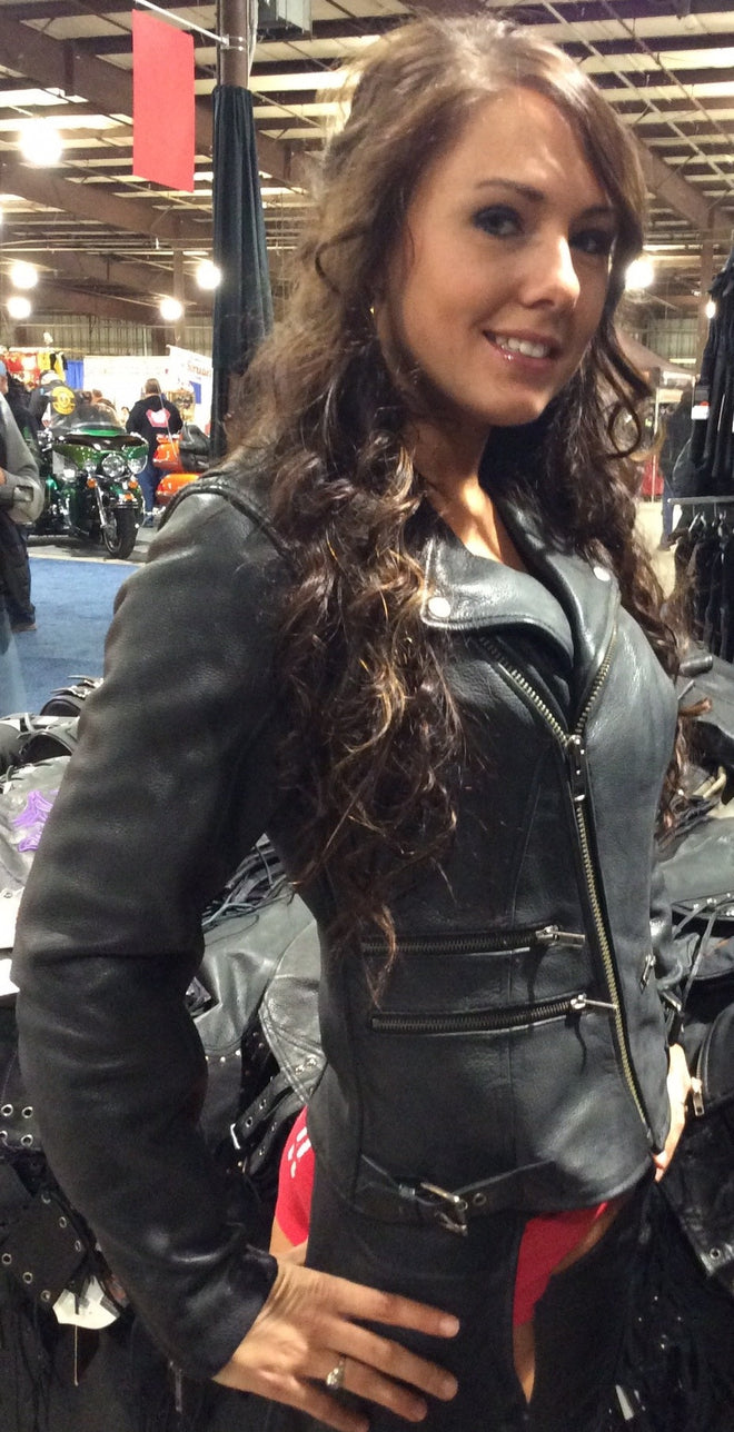 Side view of HighwayLeather ladies Monte Carlo jacket, a stylish women’s leather jacket with detailed stitching and classic design.