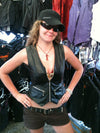 Women's black zip-up leather vest by HighwayLeather, featuring a stylish fit and detailed stitching.