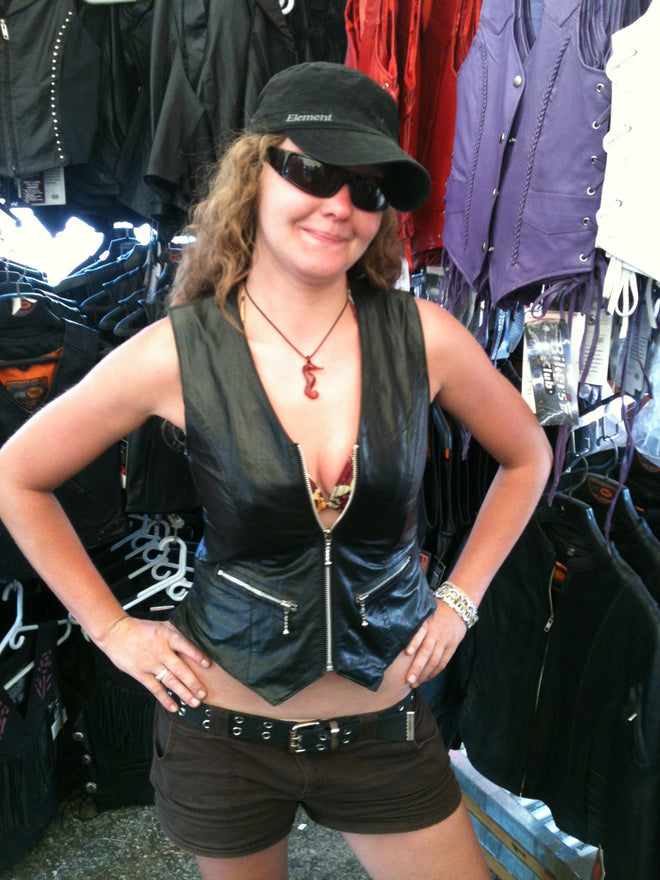 Women's black zip-up leather vest by HighwayLeather, featuring a stylish fit and detailed stitching.