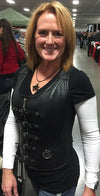 Black leather bustier corset top with halter straps, steel boning, buckles, and gothic punk rock style from Buffalo Leather Gear.