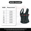 Black leather gothic bustier top with halter straps, steel boning, buckles, and steampunk-inspired design by Buffalo Leather Gear.