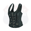 Black leather gothic bustier top with halter straps, steel boning, buckles, and steampunk style from Buffalo Leather Gear.