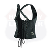 Black leather steampunk corset top with steel boning, buckles, and halter shoulder straps from Buffalo Leather Gear, gothic punk rock style.
