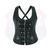 Gothic black leather bustier corset top with halter straps, steel boning, buckles, and steampunk style from Buffalo Leather Gear.
