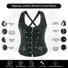 Gothic black leather bustier top with halter straps, steel boning, buckles, and steampunk style from Buffalo Leather Gear.