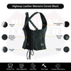 Black leather gothic bustier top with halter shoulder straps, steel boning, buckles, and steampunk accents from Buffalo Leather Gear.
