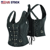 Black leather gothic bustier top with halter straps, steel boning, buckles, and steampunk style from Buffalo Leather Gear.