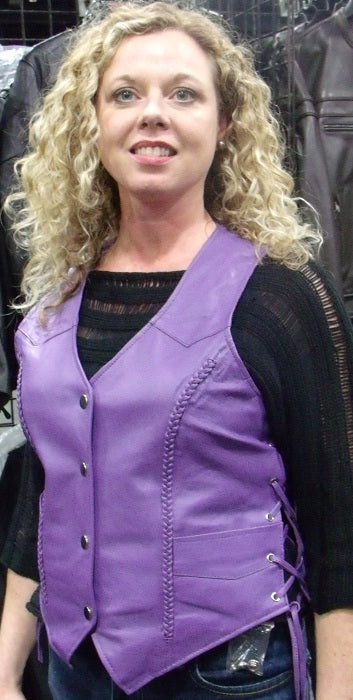 HL14339Purple women Braid and lace up side Leather Vest for