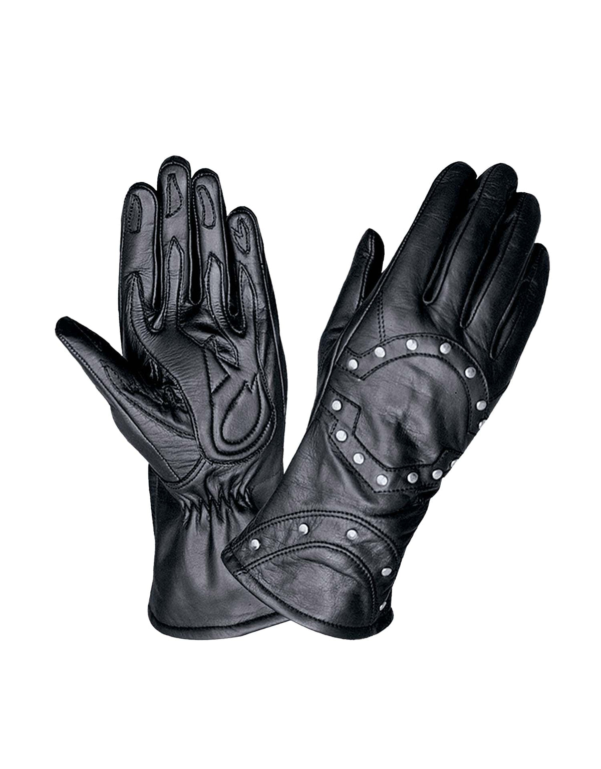 Ladies studded leather gloves by Dynamicleather featuring metal stud embellishments and a snug fit, designed for stylish protection.