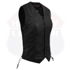 Black women's leather vest with side lace detail by Buffalo Leather Gear, featuring a classic design and fitted silhouette.