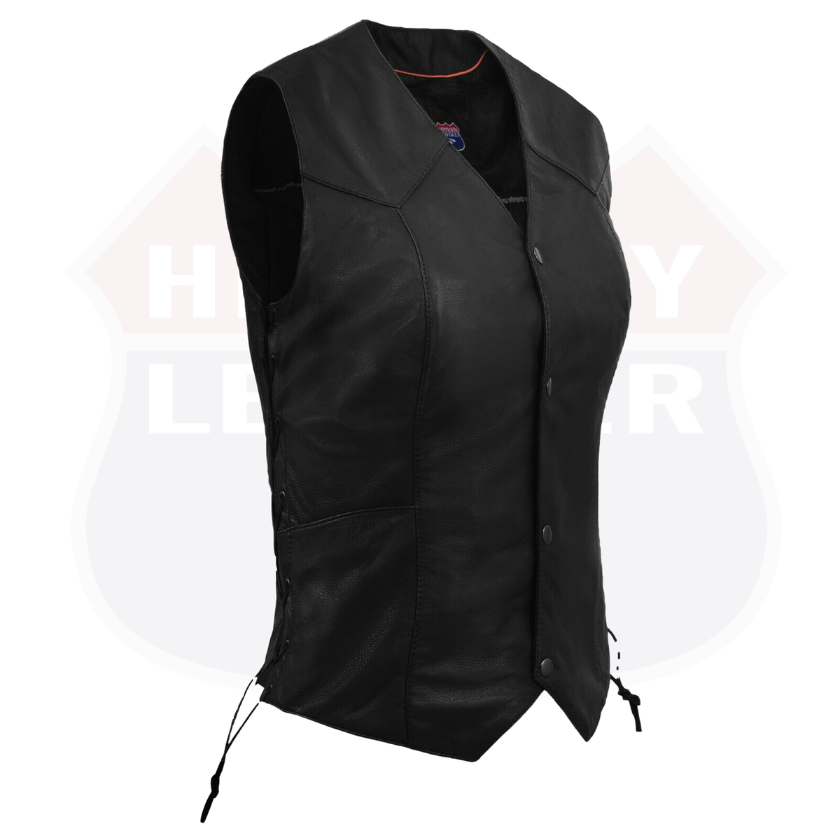 Black women's leather vest with side lace detail by Buffalo Leather Gear, featuring a classic design and fitted silhouette.