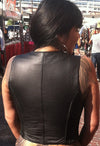 Buffalo Leather Gear women's rib stretch zipper front leather vest shown from the back, highlighting its fitted design and high-quality leather.