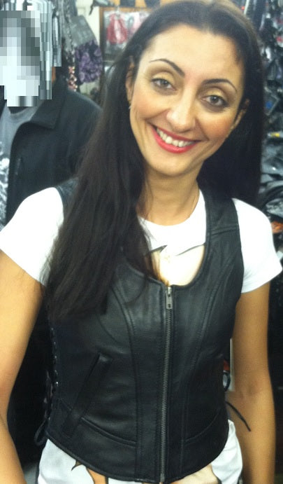 Women’s black leather vest with string side zipper and front closure, from HighwayLeather women’s vests collection.