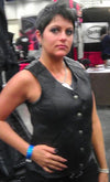 Women's crop leather motorcycle vest by Dynamicleather, featuring a fitted design, front zipper, and classic motorcycle vest style.