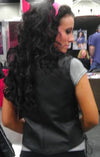 Women's Harley style side-lace vest by Dynamicleather, longer length with detailed back lace design and fitted silhouette.