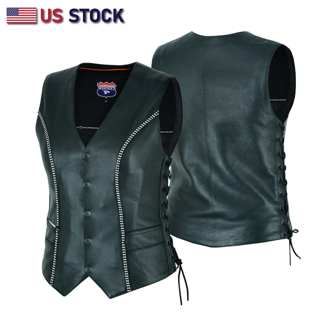 Women’s Bling Leather Motorcycle Vest with Rhinestones, Utility Pocket, Side Laces, Single-Panel Back, and Snap Front | HL14659BLING