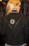 Back view of Buffalo Leather Gear HL14705BLACK Western Indian Eagle women’s vest, black leather vest with Western Indian eagle design.
