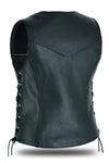 Back view of Buffalo Leather Gear HL14851NKD Naked women's lace-up side leather motorcycle vest showing detailed stitching and fit.