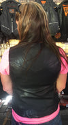 Buffalo Leather Gear Naked Women's Leather Motorcycle Vest with side lace-up design, featuring a fitted silhouette and back detail.