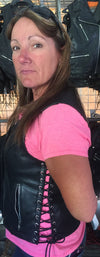 Buffalo Leather Gear Naked Women's lace-up side leather motorcycle vest with front zipper and side lace details.