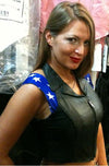 Women’s braided leather halter top vest by HighwayLeather featuring crisscross design and sleeveless style.