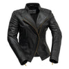 First MFG Zoey women's leather blazer, stylish black jacket with tailored fit, lapel collar, and front button closure.