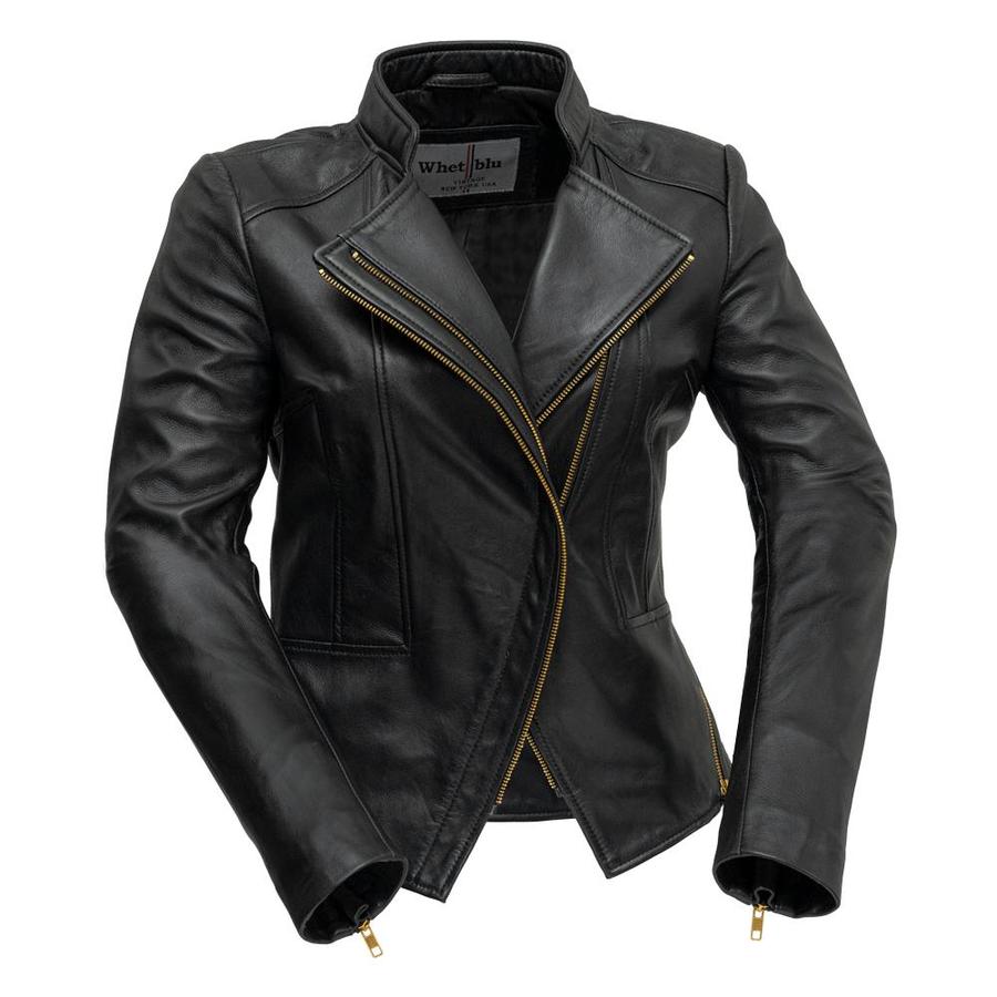 First MFG Zoey women's leather blazer, stylish black jacket with tailored fit, lapel collar, and front button closure.