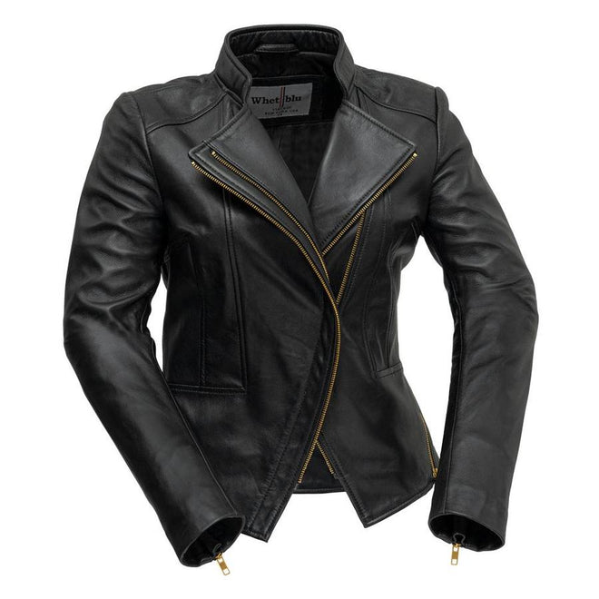 First MFG Zoey women's leather blazer, stylish black jacket with tailored fit, lapel collar, and front button closure.