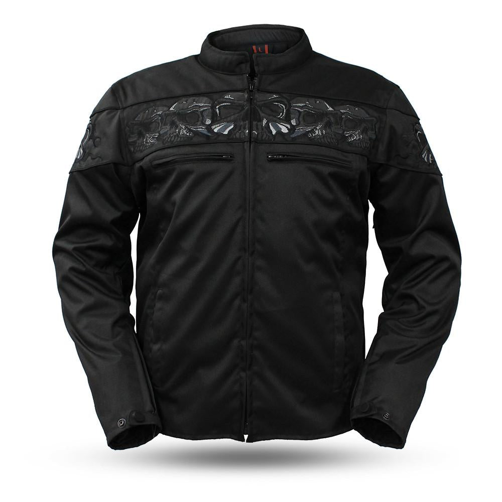 Dynamicleather Textile Savage Skulls women's jacket featuring a bold skull print and stylish design.