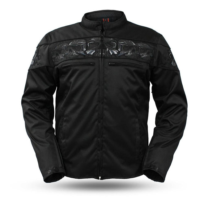 Dynamicleather Textile Savage Skulls women's jacket featuring a bold skull print and stylish design.