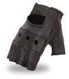 Black leather fingerless gloves by Dynamicleather, featuring a stylish and durable design with open fingertips for dexterity.