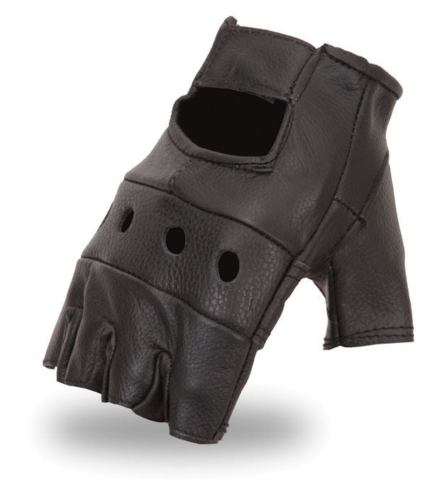 Black leather fingerless gloves by Dynamicleather, featuring a stylish and durable design with open fingertips for dexterity.