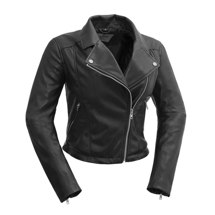 Women’s vegan leather jacket from FIRST MFG’s FATALE collection, featuring a stylish, fitted design with a sleek black finish.