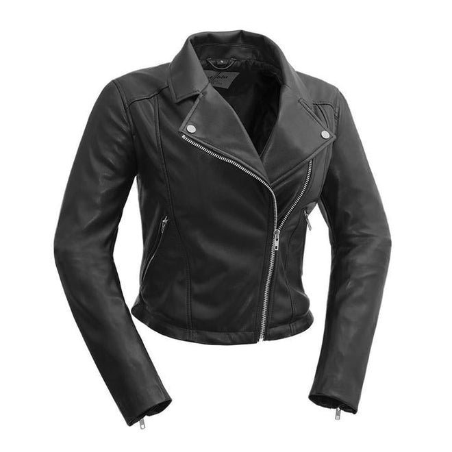 Women’s vegan leather jacket from FIRST MFG’s FATALE collection, featuring a stylish, fitted design with a sleek black finish.