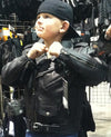 Kids boys and girls motorcycle leather jacket by HighwayLeather, classic black design with front zipper and stylish details.