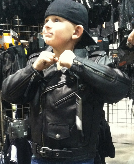 Kids boys and girls motorcycle leather jacket by HighwayLeather, classic black design with front zipper and stylish details.