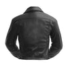 First MFG women's vegan leather jacket, stylish black women’s jacket with sleek design and front zipper detail.