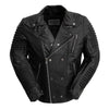 First MFG Brooklyn men's leather jacket displayed on a hanger, showcasing the classic design and rich brown leather material.